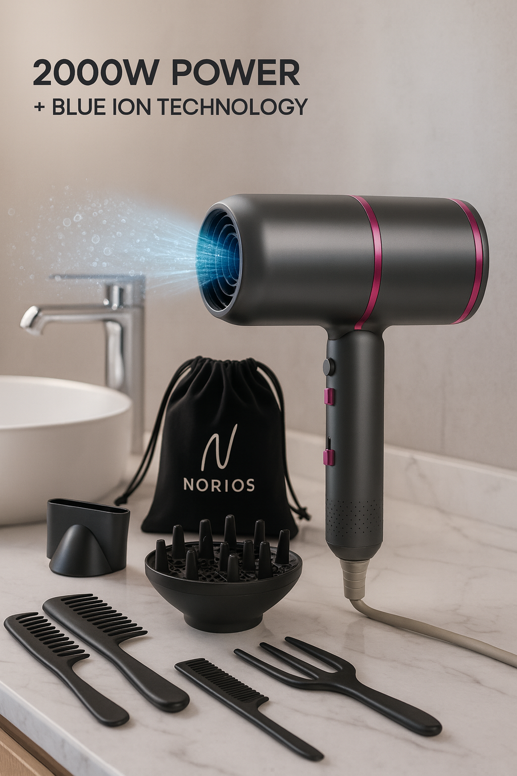 Uscator de Par Profesional NORIOS™, Portabil si Ergonomic, Putere 2000W, Tehnologie Ionic Feon, 3x Pieptene, 1x Concentrator de Aer,1x Difuzor, Suport de Perete si Husa Depozitare incluse 