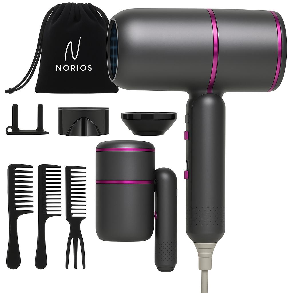 Uscator de Par Profesional NORIOS™, Portabil si Ergonomic, Putere 2000W, Tehnologie Ionic Feon, 3x Pieptene, 1x Concentrator de Aer,1x Difuzor, Suport de Perete si Husa Depozitare incluse 